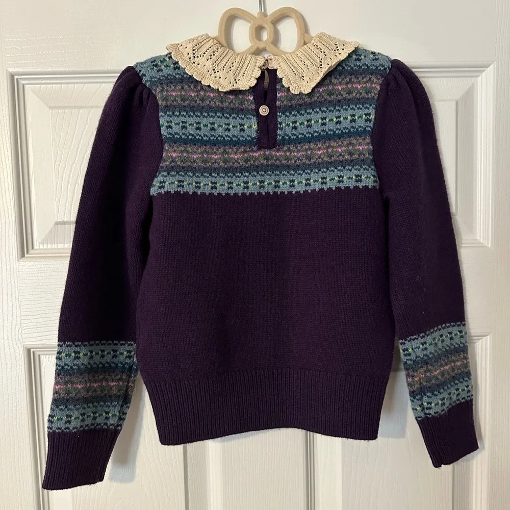 Ralph Lauren Purple Fair Isle Sweater with Cream Lace Collar